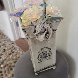 Decorative Grey Poupon Vase with Iridescent Flowers Metal Vase